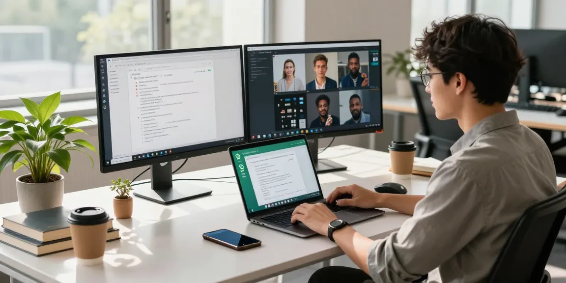 Workspace featuring WhatsApp電腦版 on laptop, young professional working in a modern office environment.