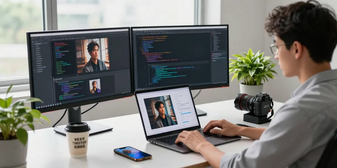 An innovative workspace scene showcasing a developer using an AI prompt image generator with multiple screens, a coffee mug, and plants in a bright setting.