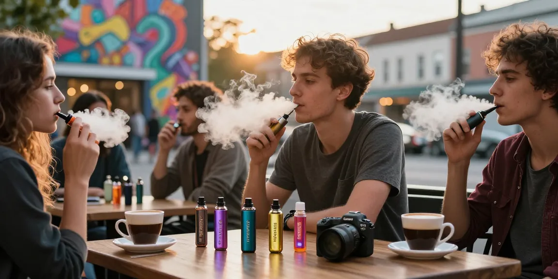 Young adult enjoying Hayati promax vape in urban cafe setting