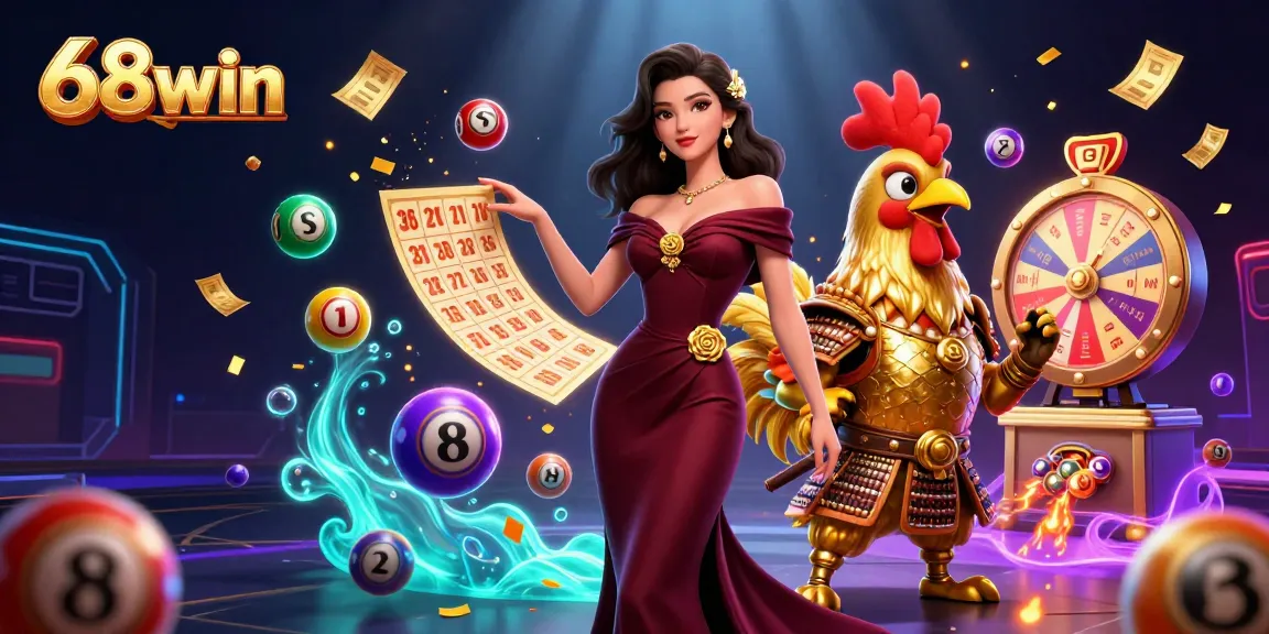 Experience the excitement of 68win with a glamorous woman and golden rooster warrior amidst vibrant lottery elements.