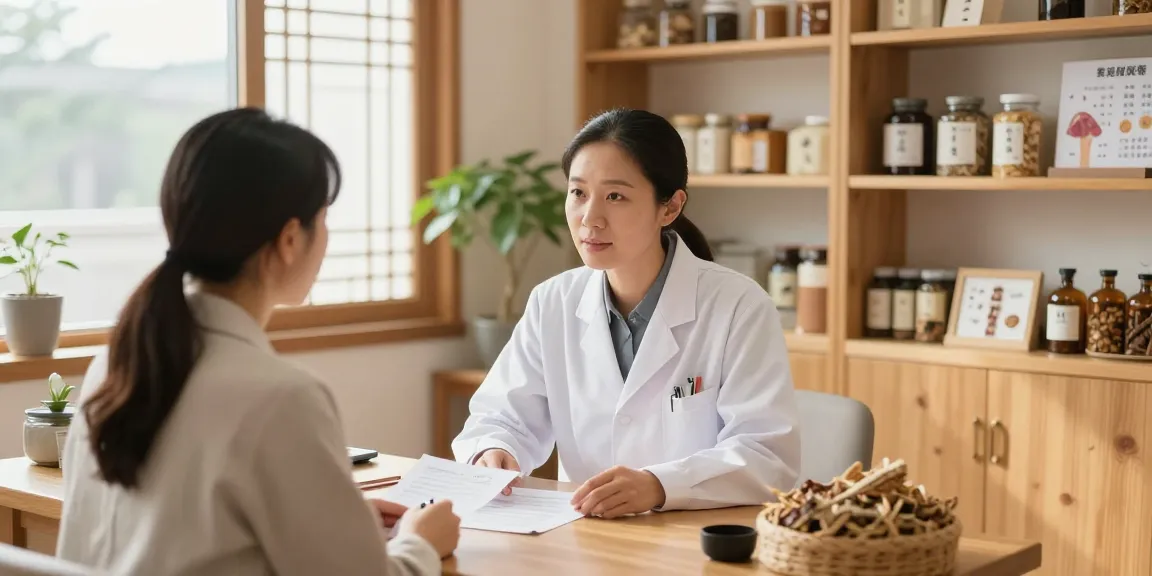 Welcoming consultation at 영통한의원 with a healthcare professional and patient in a traditional herbal medicine clinic.