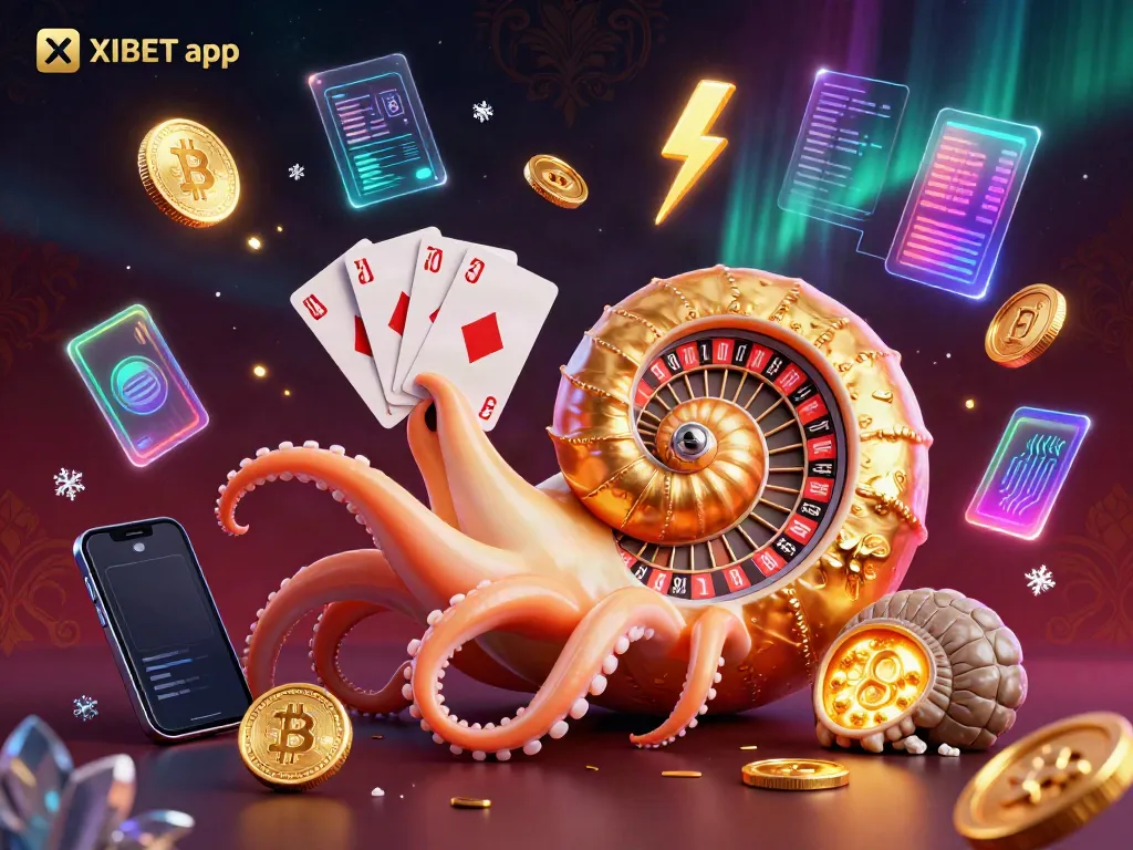 Interact with the dynamic XIBET app experience featuring a glowing nautilus roulette wheel and crypto coins.