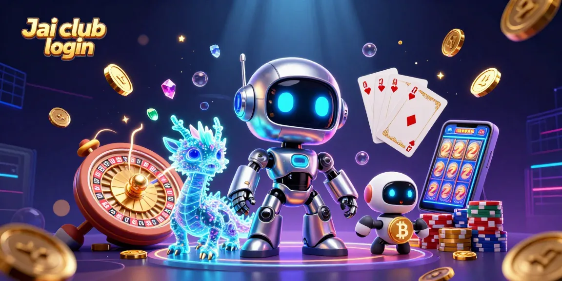Engage in interactive gaming with Jai club login, featuring a lively cyberpunk scene filled with casino elements.
