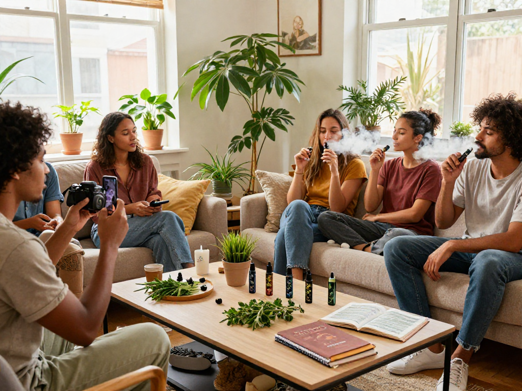The 10/10 boys vape being enjoyed in a cozy apartment setting with friends, showcasing natural wellness products and a relaxed atmosphere.