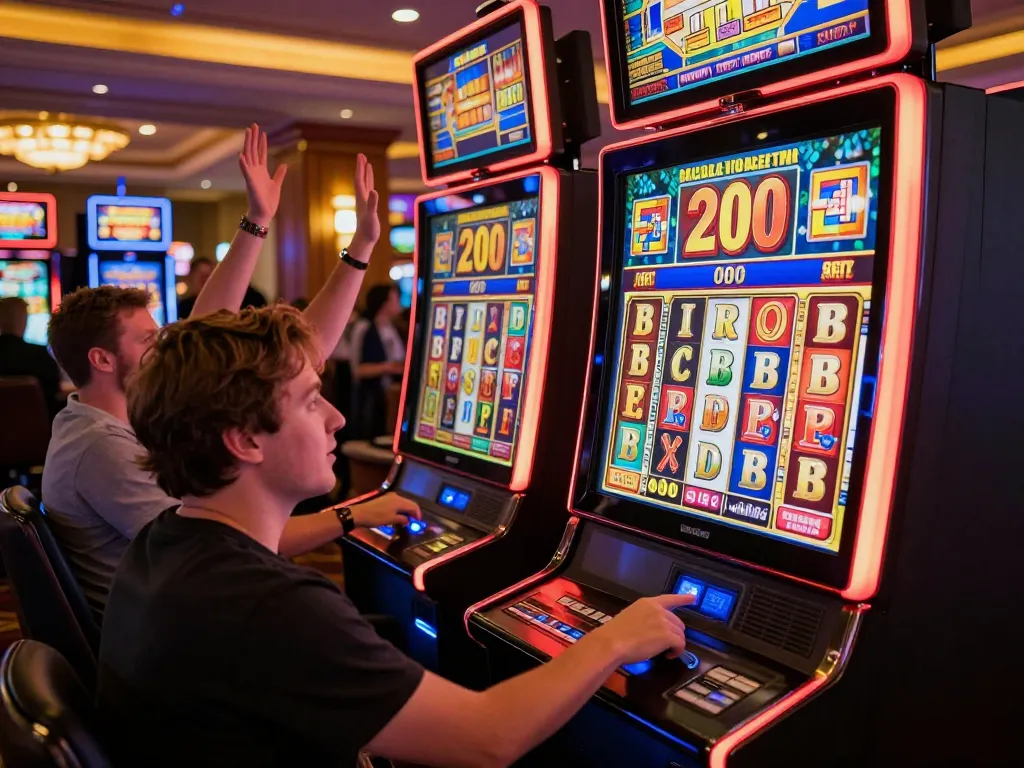 Engaging with a slot bet 200, players celebrate a jackpot win in a vibrant casino atmosphere.