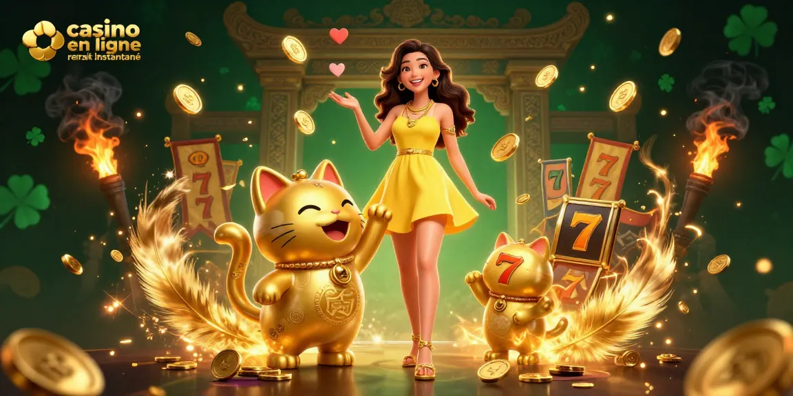 Découvrez l'excitation du casino en ligne retrait instantané avec une femme asiatique joyeuse et un chat porte-bonheur doré au milieu de pièces dorées.