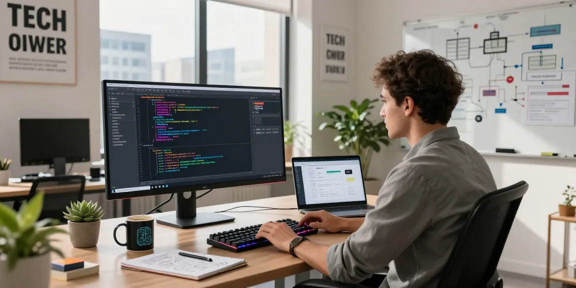 Developer coding at a modern desk in a bright workspace representing WPS Official Website tools.