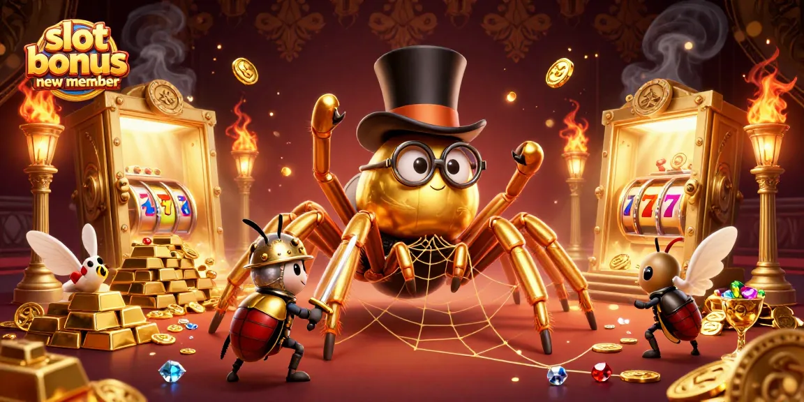 Engage with slot bonus new member through a golden tarantula weaving a rich casino web.