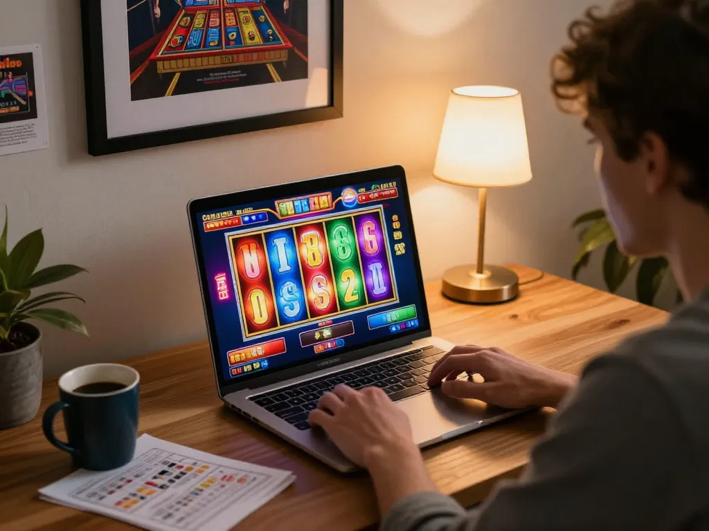 Player enjoys situs gacor slot machine gameplay on laptop with vibrant screen and cozy setup