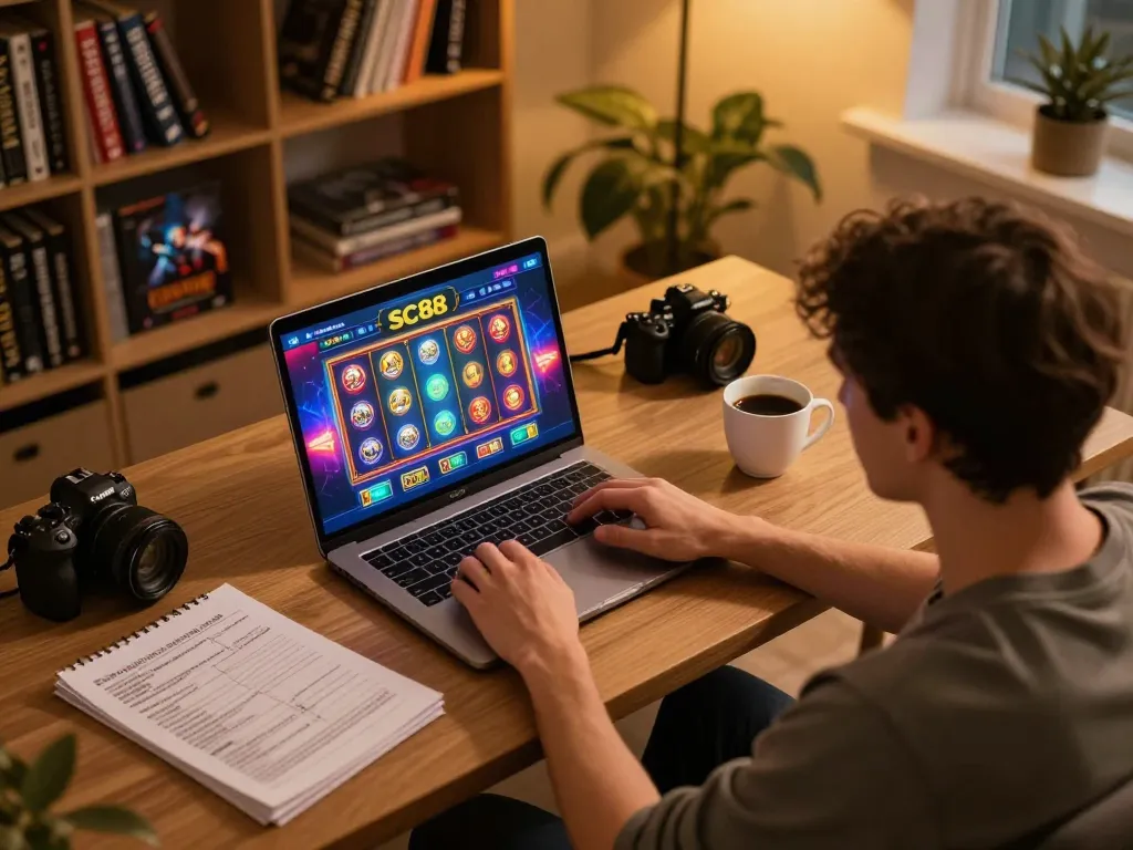 Player engaging in sc88 online casino gaming from a cozy home office setup.