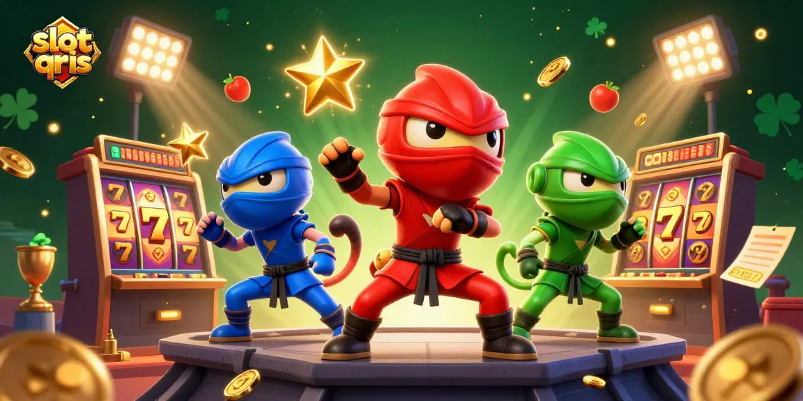 Play thrilling slot qris with vibrant chameleon ninjas and dynamic game elements in a colorful casino scene.