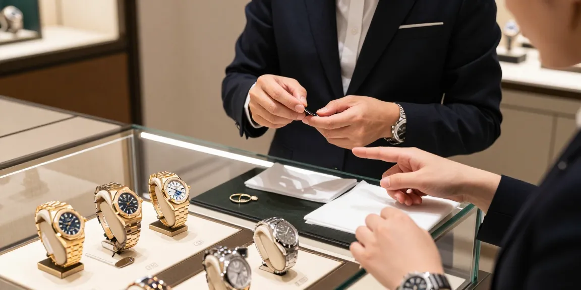 Luxury super clone watches on display with engaging sales associate showcasing replica watches, highlighting craftsmanship and elegance.
