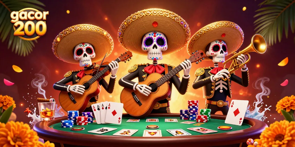 Engage with gacor 200's vibrant casino scene featuring a lively mariachi band and poker action.