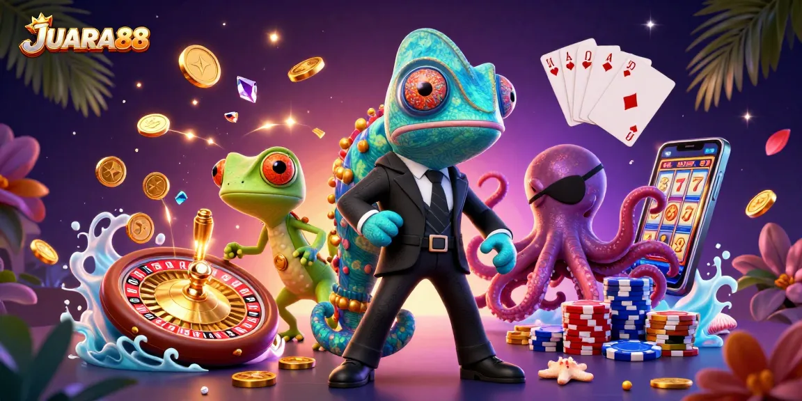 Experience thrilling wins at JUARA88 with a vibrant chameleon agent and treasure-filled casino scene.