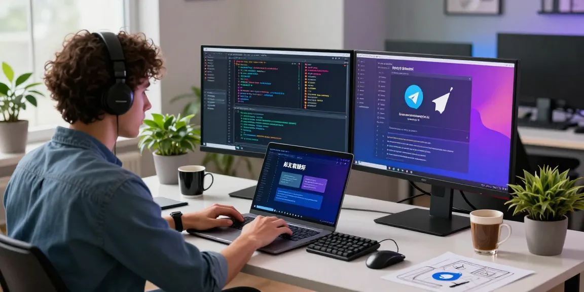 Dynamic tech workspace showcasing telegram中文版 on dual monitors with coding and chat interface.