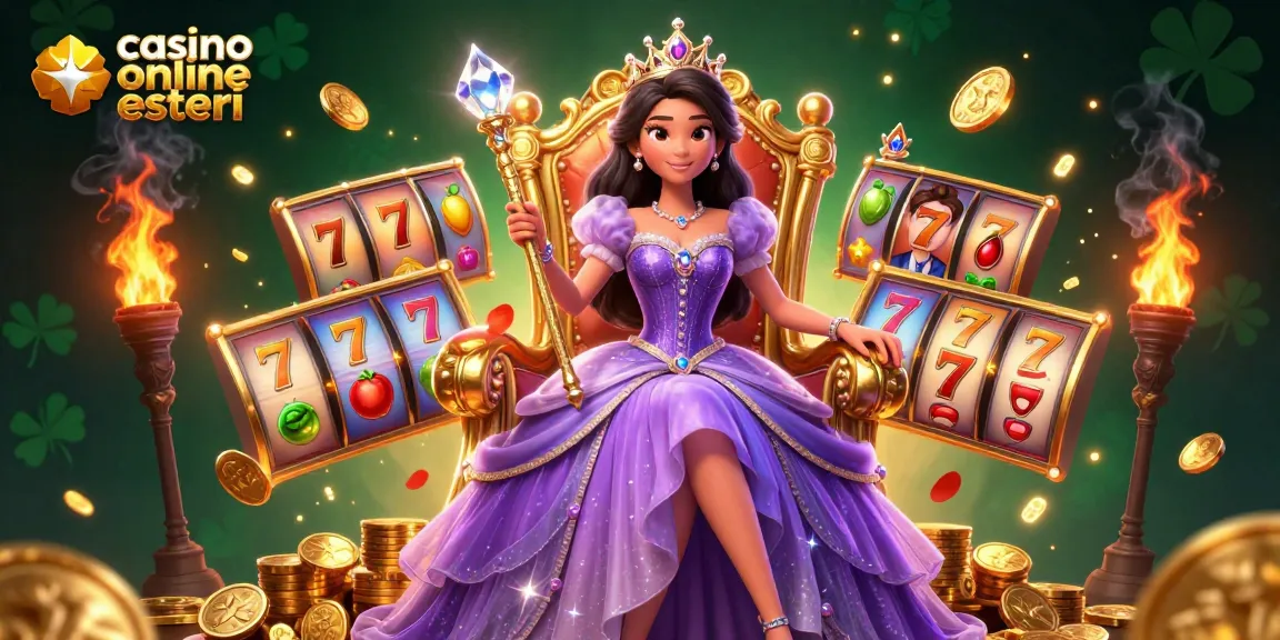 Gioca e vinci alla grande nei casino online esteri con un'illustrazione mozzafiato di una principessa regale in una scena dinamica di casinò.