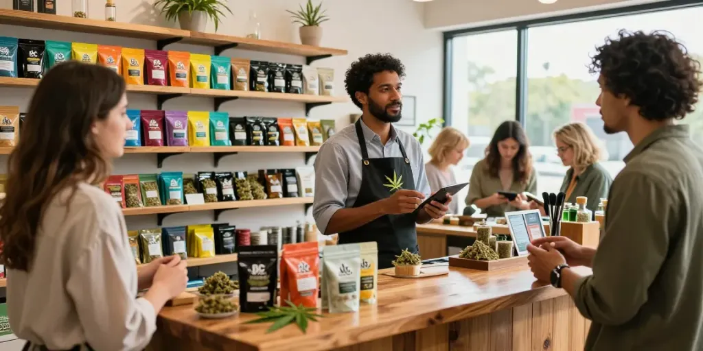 Engaging cannabis market scene featuring the best hash mom Canada products and a knowledgeable budtender.