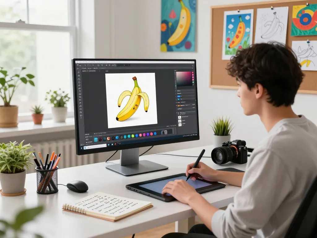 Creating AI art with nano banana pro in a vibrant digital studio.