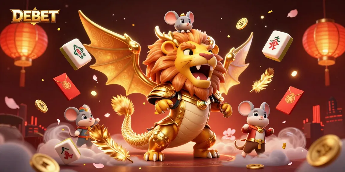Experience the thrilling world of DEBET as a chimera triumphs in a festive casino scene filled with golden elements.