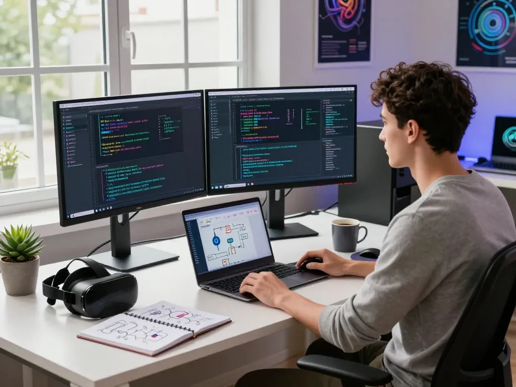 Developer using OpenClaw in a modern tech workspace with dual monitors and AI interface.