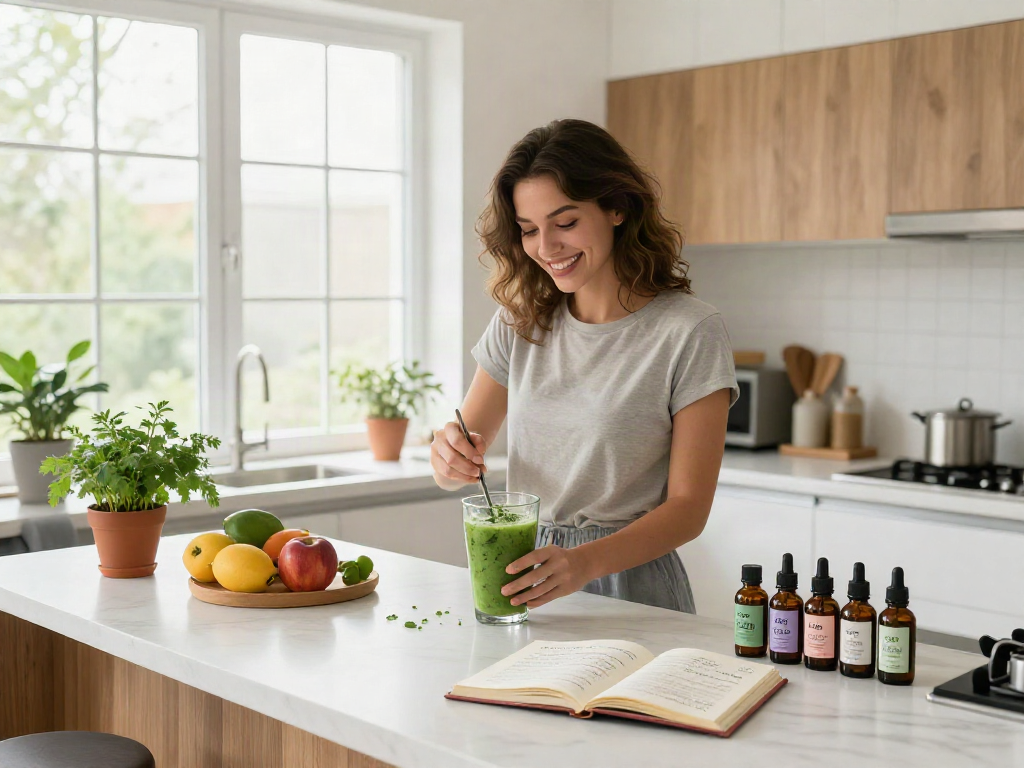 Colorado online dispensary that ships to all states featuring a woman preparing a healthy CBD smoothie in a bright kitchen.