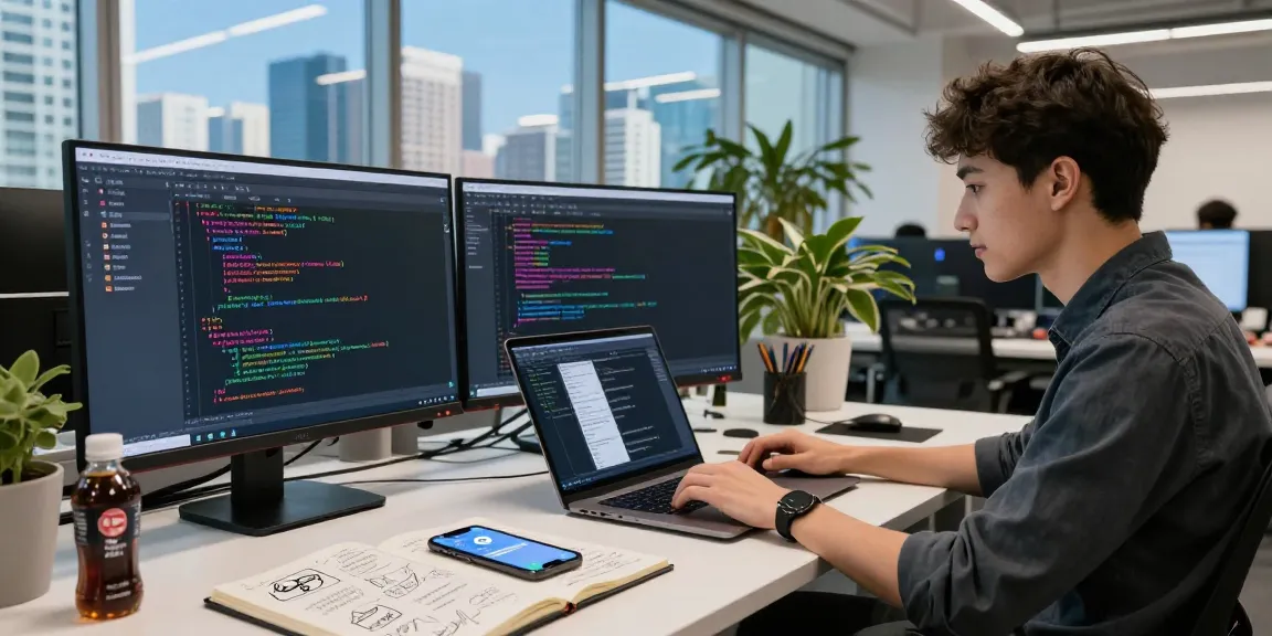 Developer coding on Telegram中文版 in modern workspace with multiple screens and city view