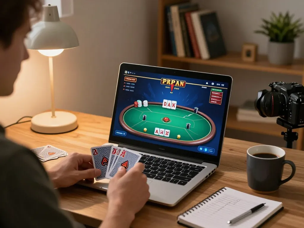 The hidden wiki reference while engaging in online poker gaming, showcasing a player excitedly using a laptop at home