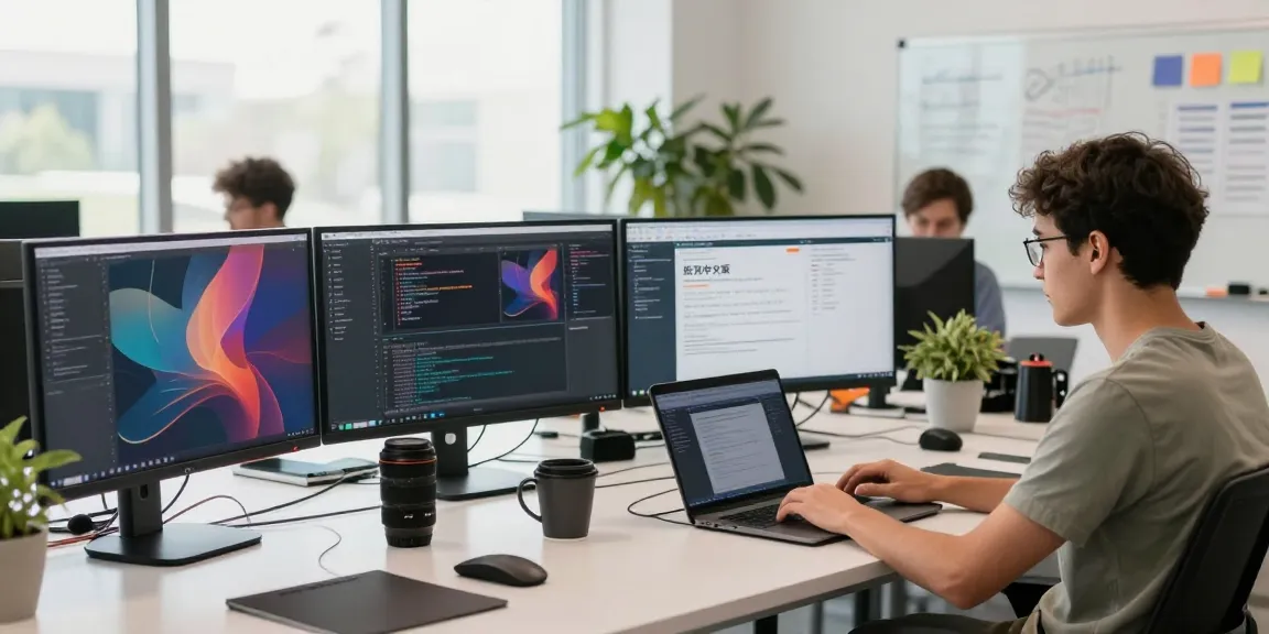 Developers collaborating in a bright workspace, focusing on 纸飞机中文版 projects with tech gadgets.