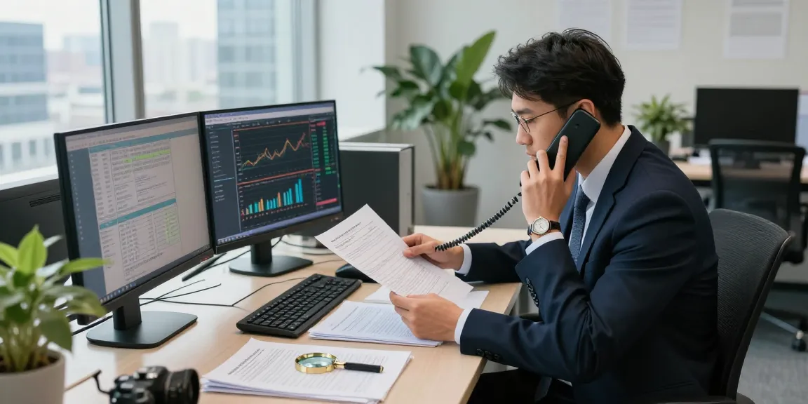 Professional investigator conducting asset tracing analysis in a modern office.
