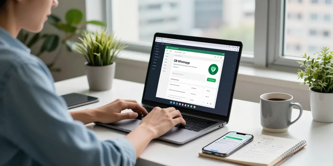 Person using GB WhatsApp on a laptop in a modern workspace, reflecting innovative tech atmosphere.