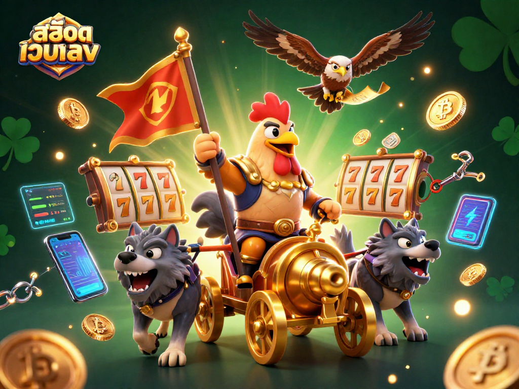 Engage with สล็อตเว็บตรง in an immersive 3D casino scene filled with slot reels and crypto elements.