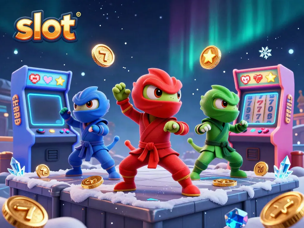 Watch the ninja chameleon team engage in exciting slot gameplay with vibrant casino elements.