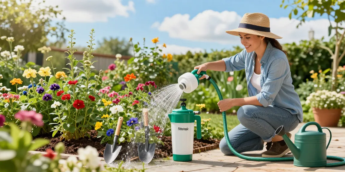 Filterlogic Garden Hose Water Filter in use by gardener watering vibrant plants in a sunny garden.