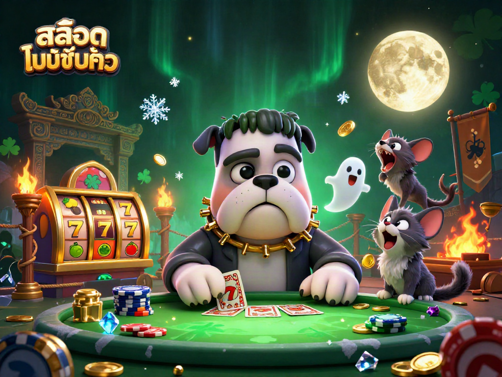 Engage in สล็อตไม่มีขั้นต่ำ with a lively scene of a Frankenstein bulldog, ghost mouse, and werewolf kitten in a vibrant casino.
