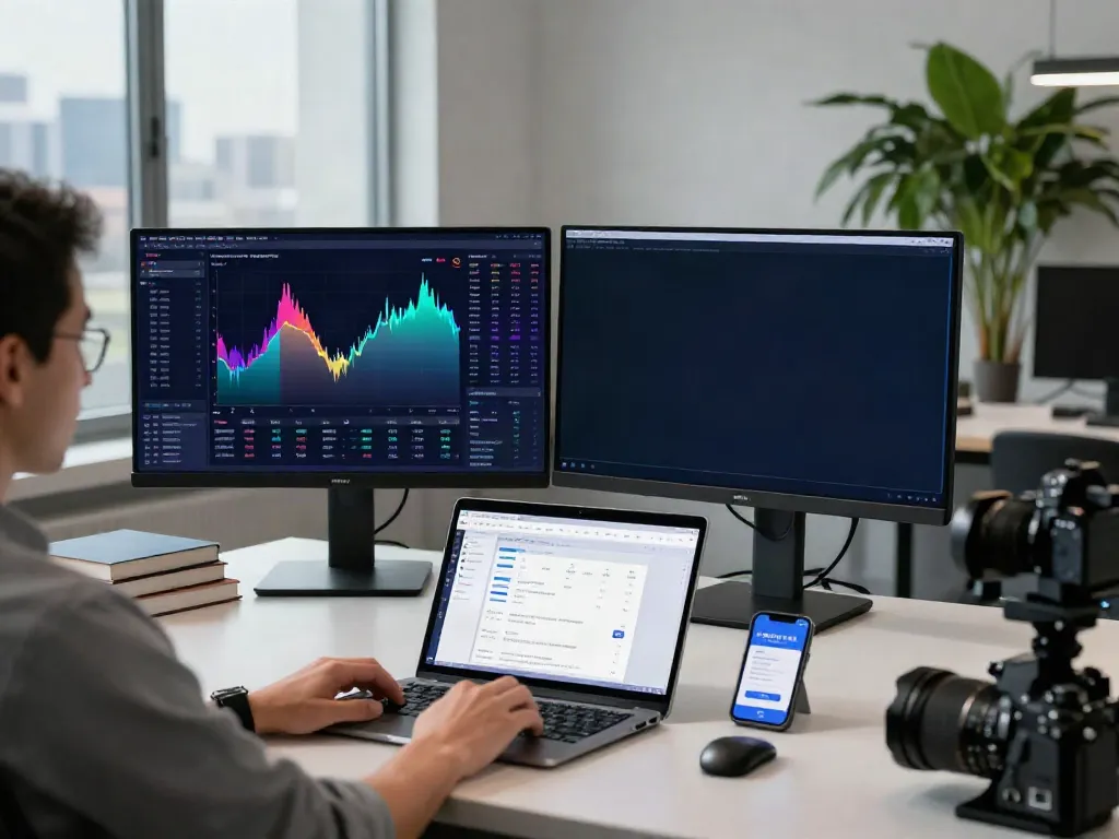 Professional cryptocurrency trading workspace displaying美股数据源实时 stock data, digital wallet apps, and API integration.