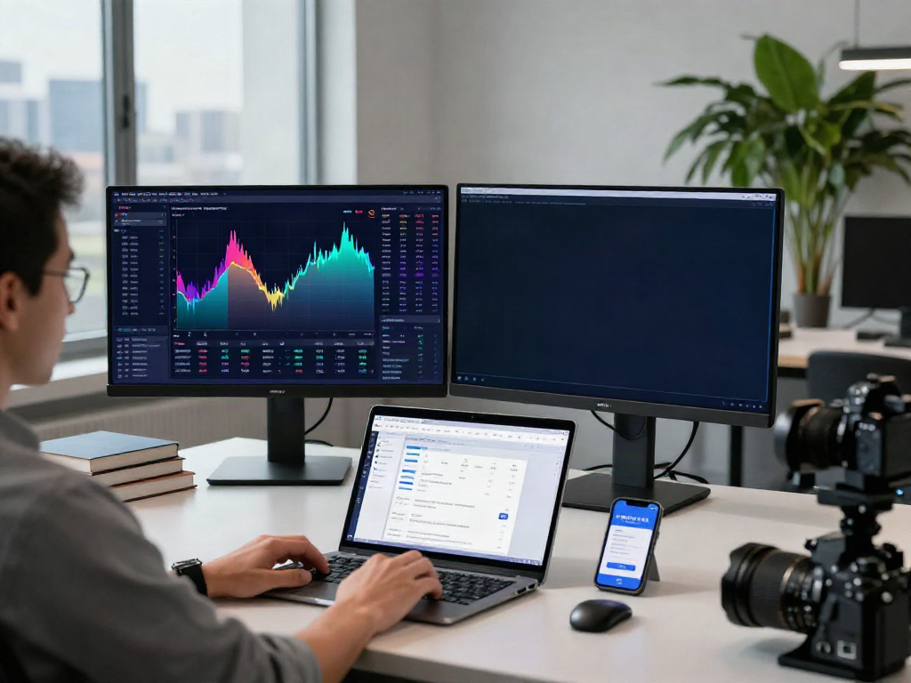 Professional cryptocurrency trading workspace displaying美股数据源实时 stock data, digital wallet apps, and API integration.