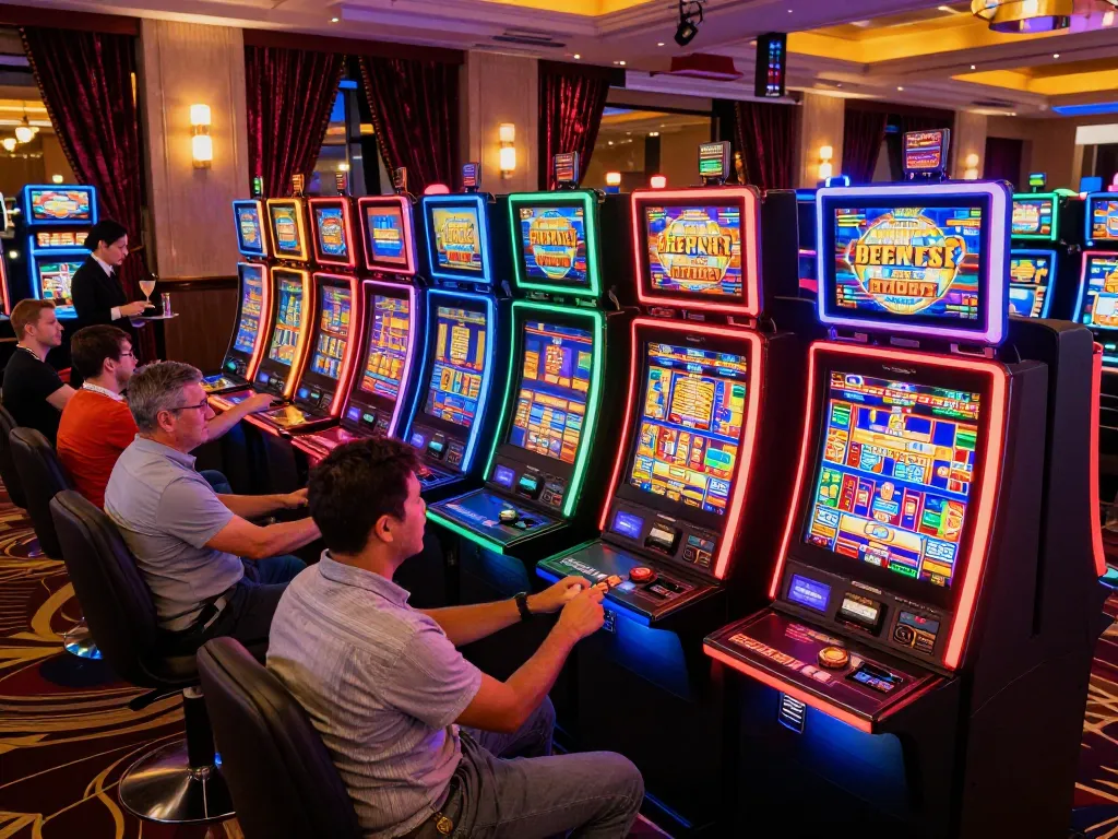 Players enjoying slot depo 10k on vibrant casino floor with colorful machines and lively atmosphere