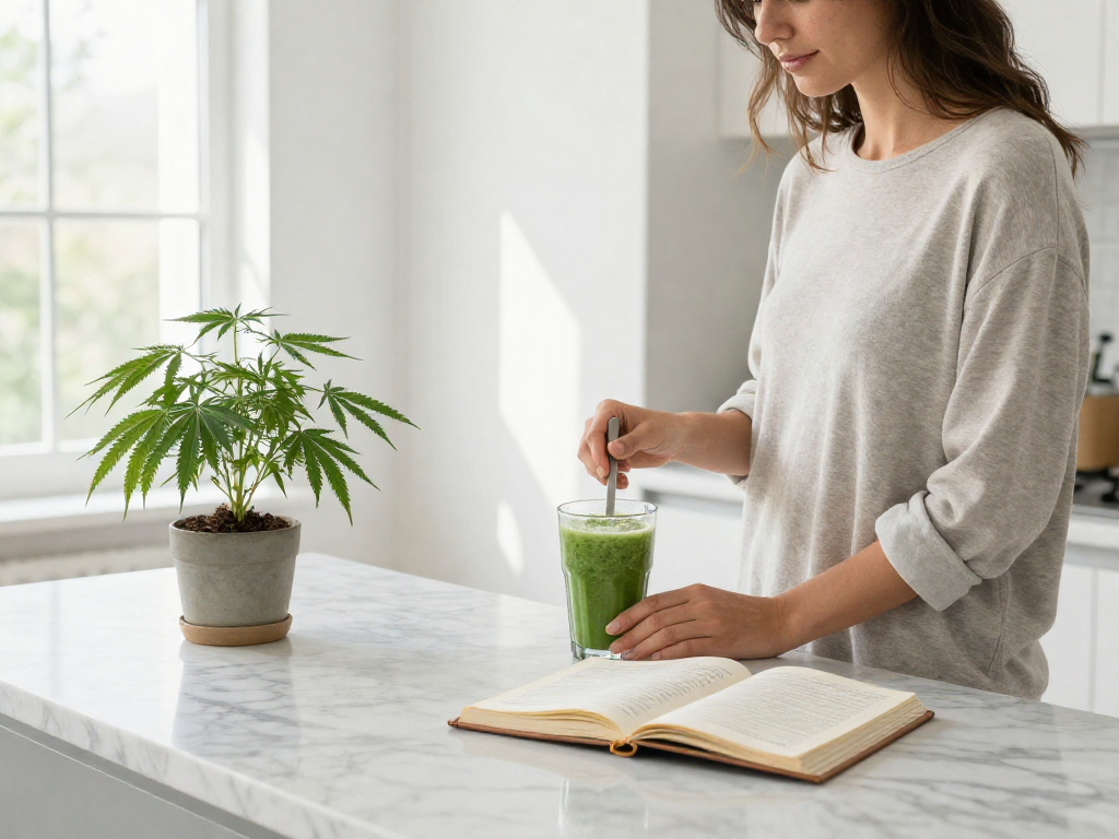 cbd paris - routine de bien-être avec huile de CBD, plante de chanvre et journal de santé dans une cuisine lumineuse