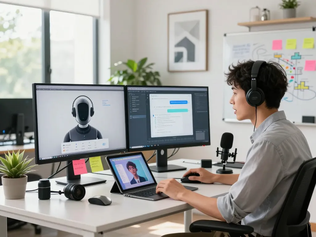 Engaging moment with spicychat AI in a modern tech workspace with dual monitors and interactive chat interface.