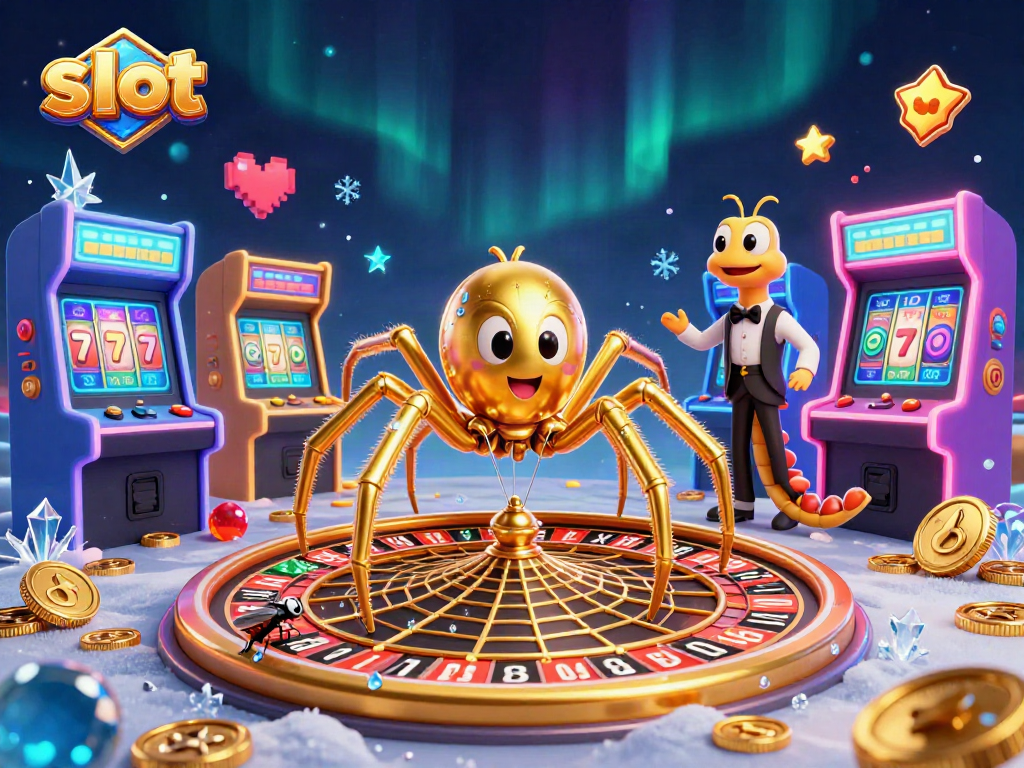Engage with thrilling slot gameplay as a fly nervously places bets beside a golden spider croupier.