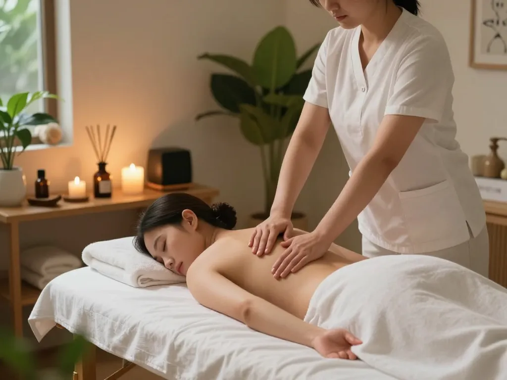 Soothing 스웨디시 massage session in tranquil spa setting with essential oils and calming lighting.