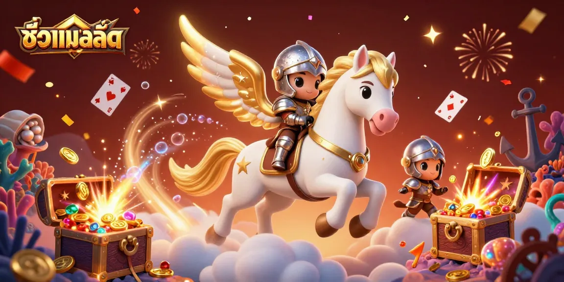 Engage with ชื่อเกมสล็อต through an exciting 3D illustration of a celestial horse and knight amidst a vibrant treasure scene.