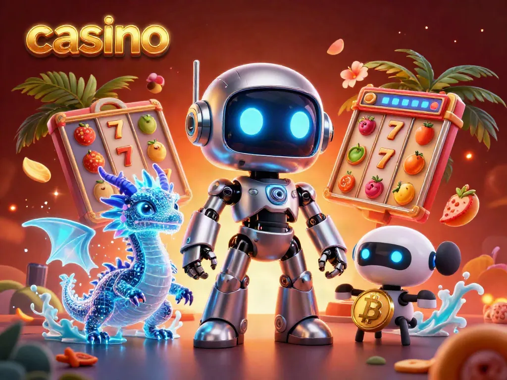 Engaging casino scene featuring a cyberpunk robot, AI dragon, and drone with bitcoin, amidst slot game elements.
