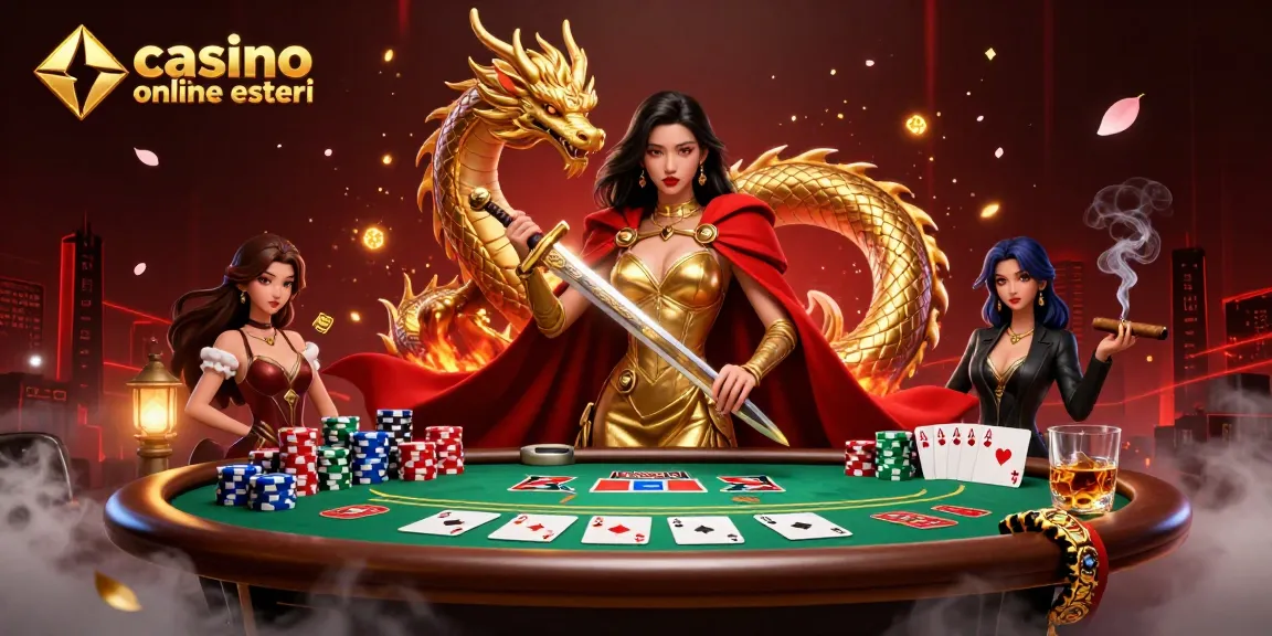 Gioca a giochi emozionanti su casino online esteri con una regina guerriera e una scena di poker vibrante, mostrando un'azione cardante emozionante.