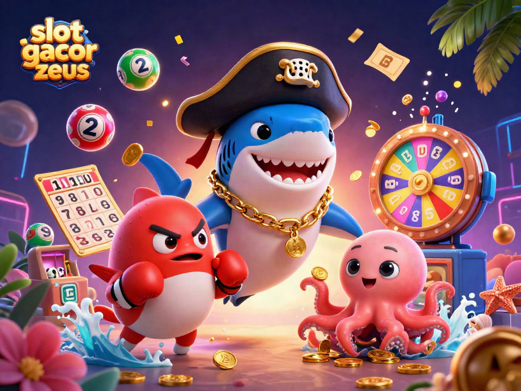 Spin the reels with slot gacor zeus, featuring 3D casino characters amidst colorful lottery chaos and sparkling prizes.