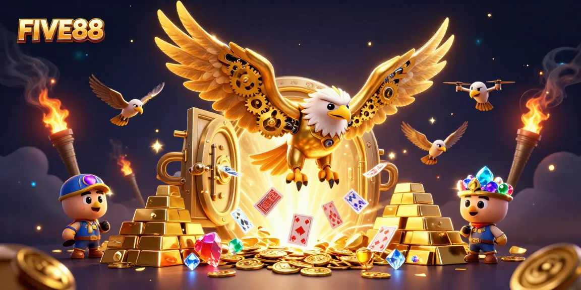 Experience the excitement with FIVE88 in this vibrant 3D casino scene filled with treasures and action.