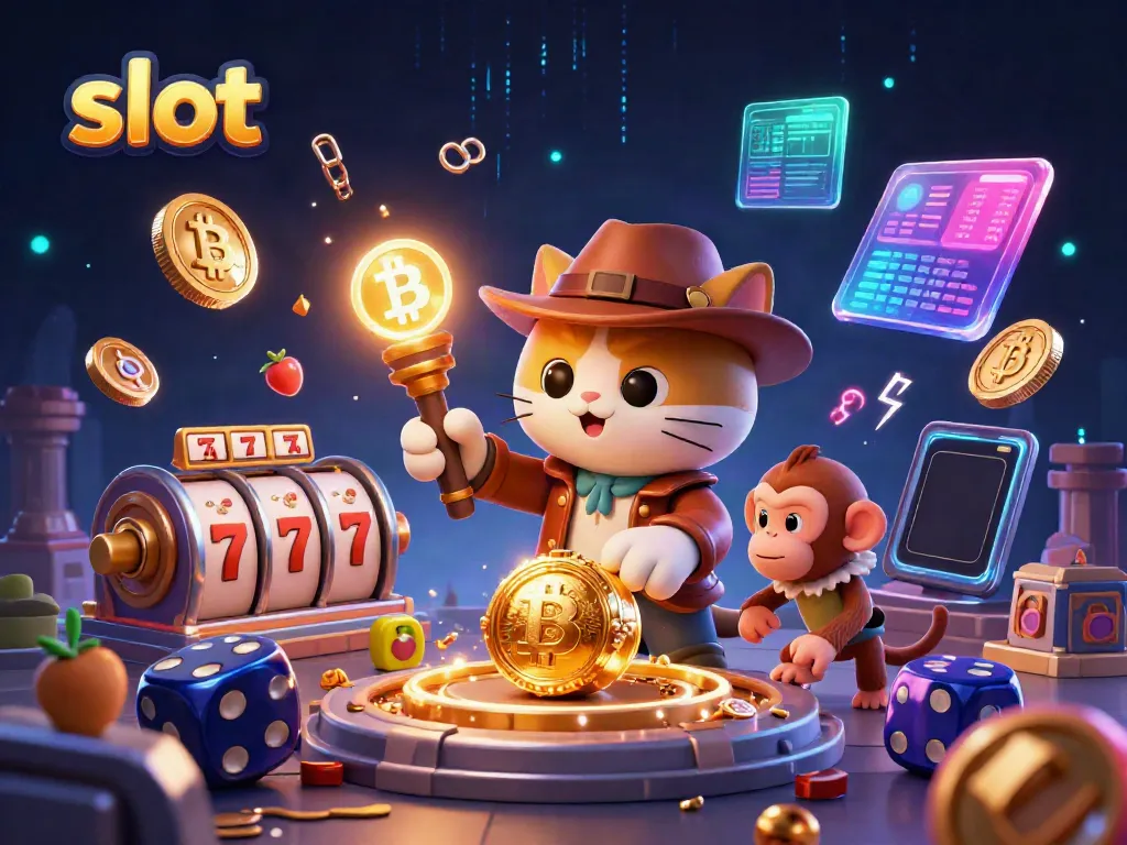 Experience thrilling jackpot slots with a cartoon cat archaeologist discovering ancient treasures in a casino.