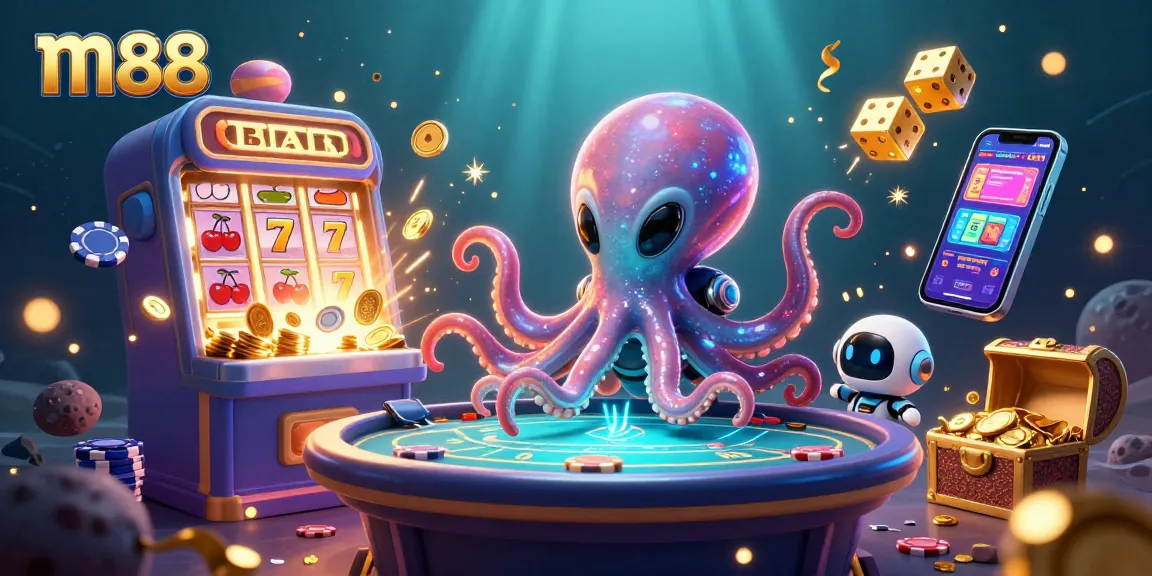 m88 gambling octopus plays poker and launches casino fun with robots and explosive visuals