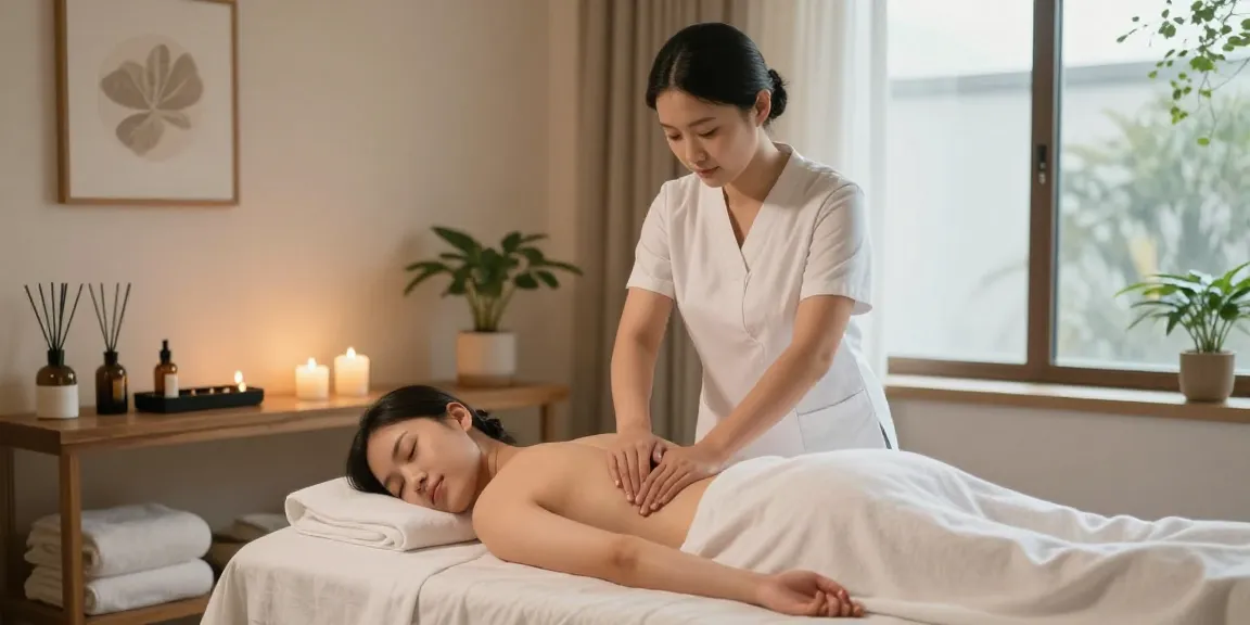 Relaxing 창원마사지 spa scene with a masseuse soothing a client in a serene environment.