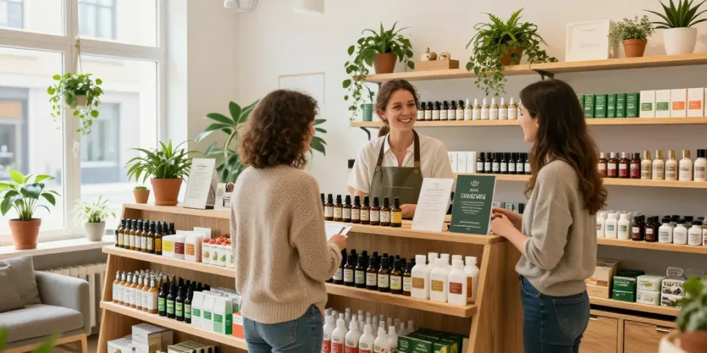 Vibrant CBD shop Karlsruhe showcasing oils and edibles with friendly staff.